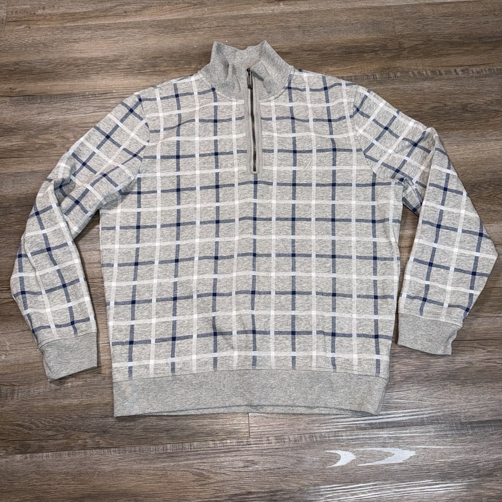 Nautica WindowPane 1/4-Zip Sweater Mens Large Gray Blue White Plaid Design